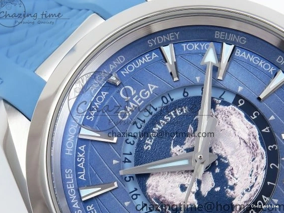 0201 GoAnywhere Aqua Terra GMT Worldtimer 43mm VSF 1:1 Best Edition Summer Blue Dial on Blue Rubber Strap A8938 Super Clone 7722